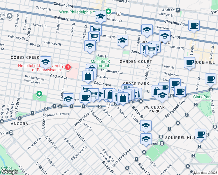 map of restaurants, bars, coffee shops, grocery stores, and more near 5011 Walton Avenue in Philadelphia