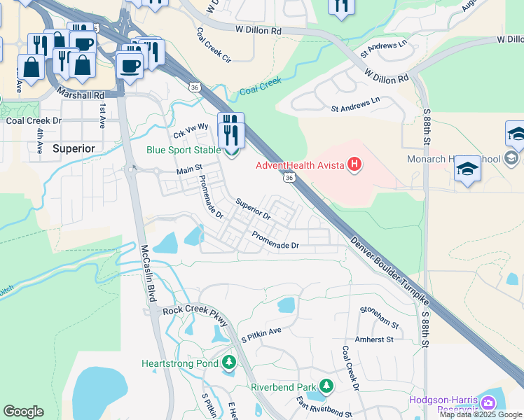 map of restaurants, bars, coffee shops, grocery stores, and more near 705 Superior Drive in Superior