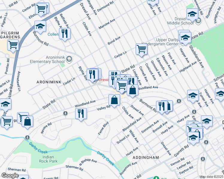 map of restaurants, bars, coffee shops, grocery stores, and more near 740 Burmont Road in Drexel Hill