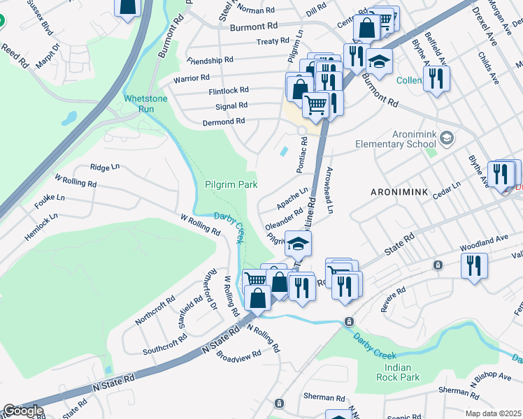 map of restaurants, bars, coffee shops, grocery stores, and more near 5265 Apache Lane in Drexel Hill