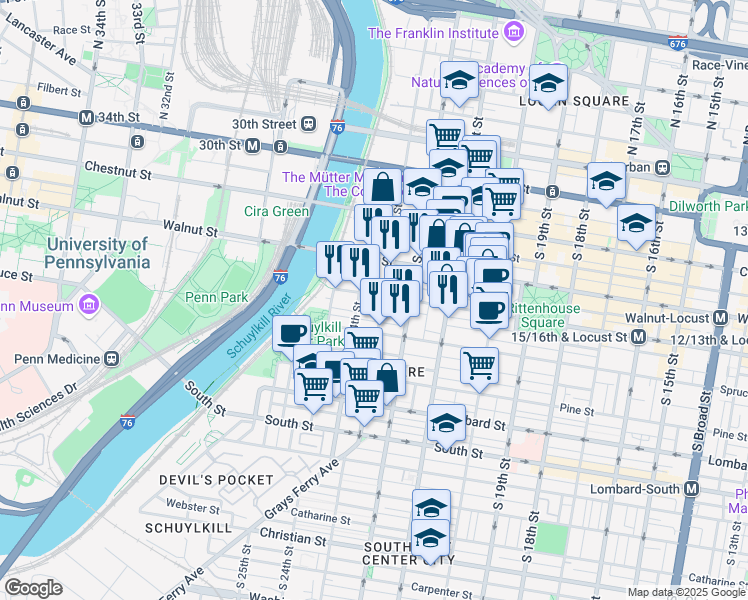 map of restaurants, bars, coffee shops, grocery stores, and more near 2308 Locust Street in Philadelphia