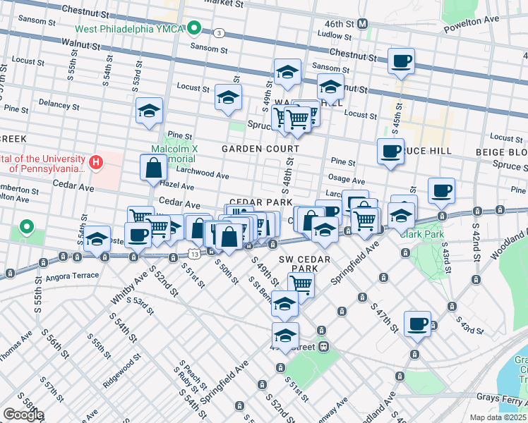 map of restaurants, bars, coffee shops, grocery stores, and more near 4836 Cedar Avenue in Philadelphia