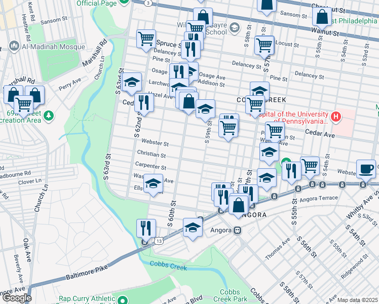 map of restaurants, bars, coffee shops, grocery stores, and more near 755 South 60th Street in Philadelphia