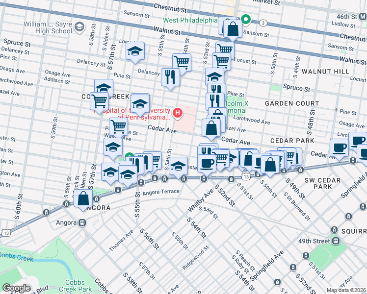 map of restaurants, bars, coffee shops, grocery stores, and more near 5311 Catharine Street in Philadelphia