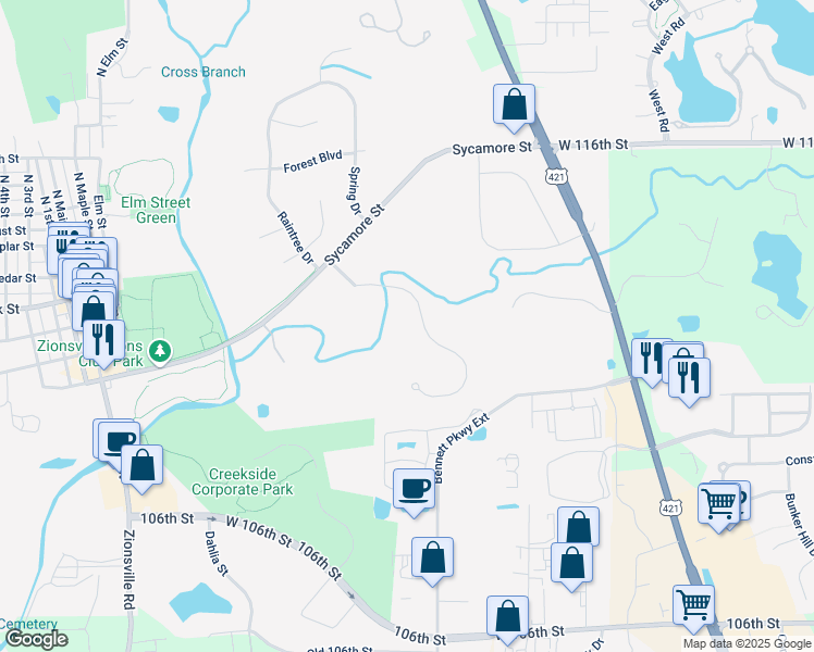 map of restaurants, bars, coffee shops, grocery stores, and more near 6330 Mayfield Lane in Zionsville