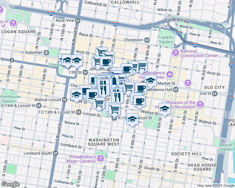 map of restaurants, bars, coffee shops, grocery stores, and more near 1001-13 Chestnut Street in Philadelphia