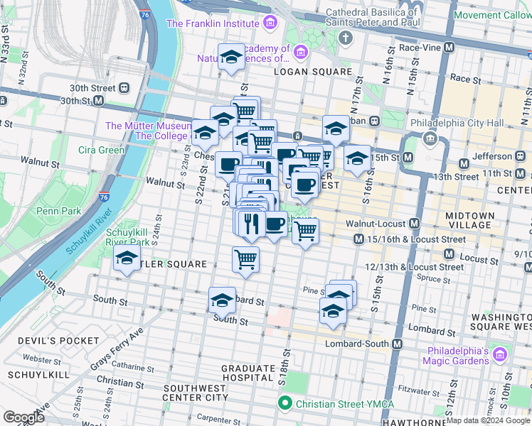 map of restaurants, bars, coffee shops, grocery stores, and more near 202-10 West Rittenhouse Square in Philadelphia