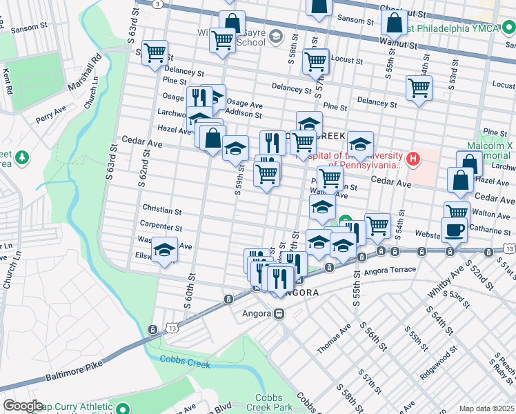 map of restaurants, bars, coffee shops, grocery stores, and more near 5818 Webster St in Philadelphia