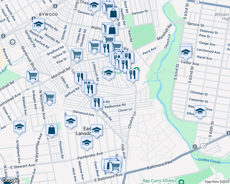 map of restaurants, bars, coffee shops, grocery stores, and more near 222 Guilford Road in Lansdowne
