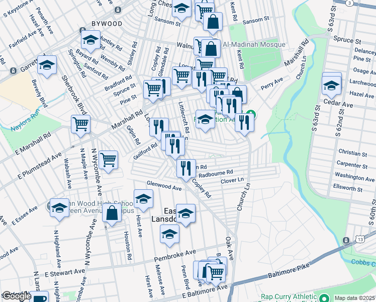 map of restaurants, bars, coffee shops, grocery stores, and more near 607 Littlecroft Road in Upper Darby