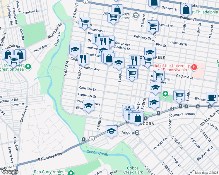 map of restaurants, bars, coffee shops, grocery stores, and more near 5944 Webster Street in Philadelphia