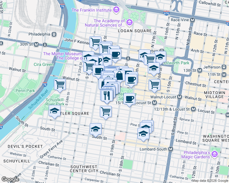 map of restaurants, bars, coffee shops, grocery stores, and more near 233 South 20th Street in Philadelphia