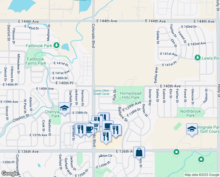 map of restaurants, bars, coffee shops, grocery stores, and more near 13976 Albion Way in Thornton