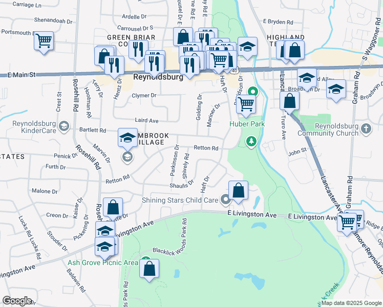 map of restaurants, bars, coffee shops, grocery stores, and more near 7014 Shaulis Drive in Reynoldsburg
