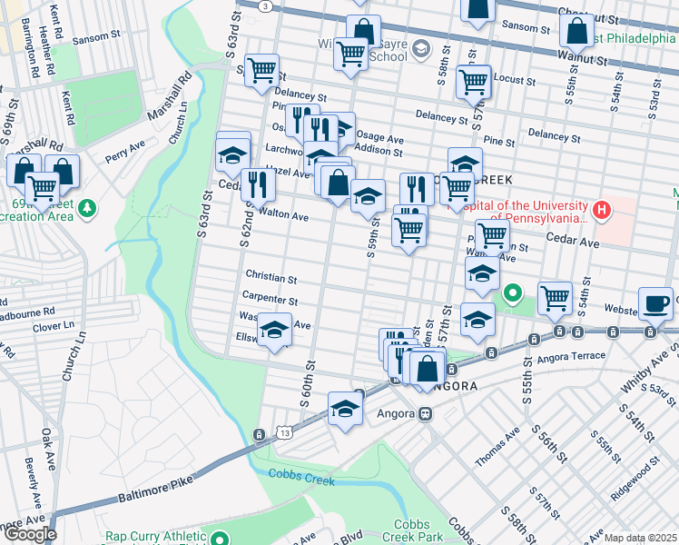 map of restaurants, bars, coffee shops, grocery stores, and more near 5944 Webster Street in Philadelphia