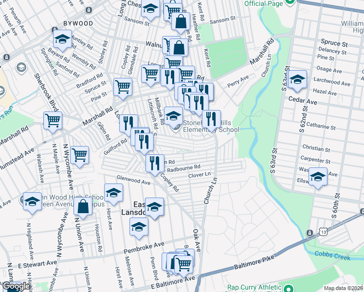 map of restaurants, bars, coffee shops, grocery stores, and more near 608 Millbank Road in Delaware County
