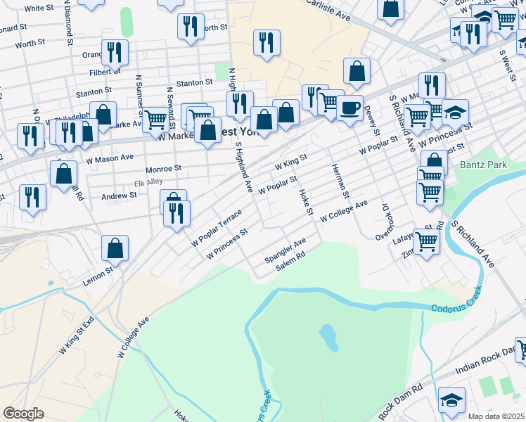 map of restaurants, bars, coffee shops, grocery stores, and more near 183 South Highland Avenue in West York