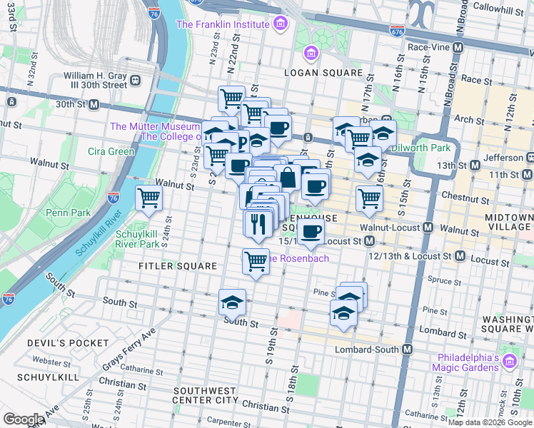 map of restaurants, bars, coffee shops, grocery stores, and more near South 20th Street in Philadelphia