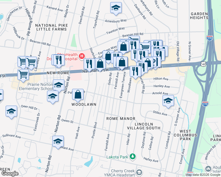 map of restaurants, bars, coffee shops, grocery stores, and more near 121 Fernhill Avenue in Columbus