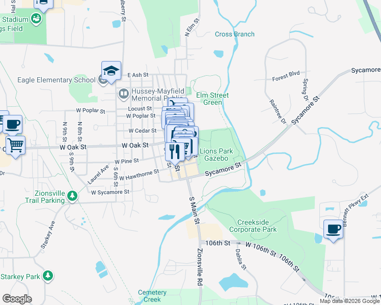 map of restaurants, bars, coffee shops, grocery stores, and more near 240 South Elm Street in Zionsville