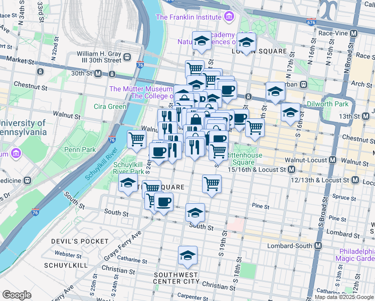 map of restaurants, bars, coffee shops, grocery stores, and more near 2123 Locust Street in Philadelphia
