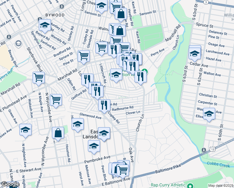 map of restaurants, bars, coffee shops, grocery stores, and more near 7009 Guilford Road in Upper Darby