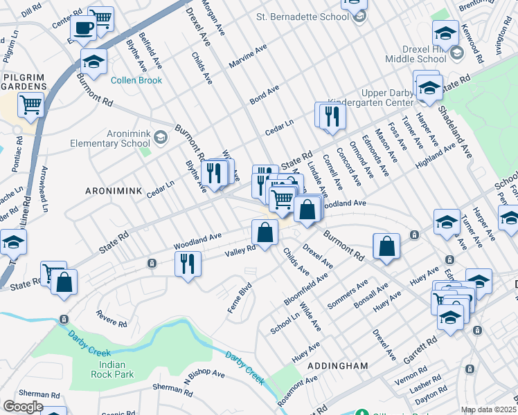 map of restaurants, bars, coffee shops, grocery stores, and more near 740 Burmont Road in Upper Darby