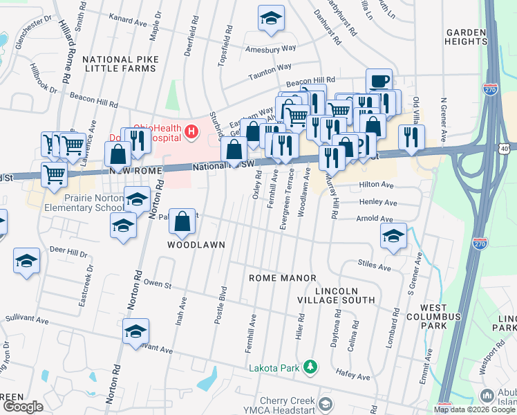 map of restaurants, bars, coffee shops, grocery stores, and more near 121 Fernhill Avenue in Columbus