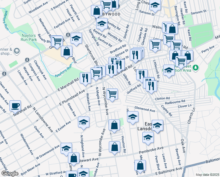 map of restaurants, bars, coffee shops, grocery stores, and more near 271 Sheffield Road in Lansdowne