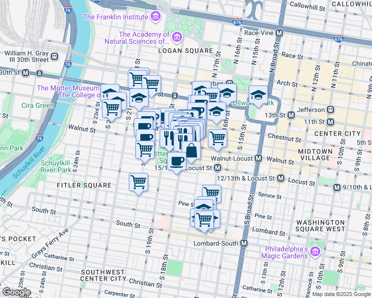 map of restaurants, bars, coffee shops, grocery stores, and more near 201 South 18th Street in Philadelphia