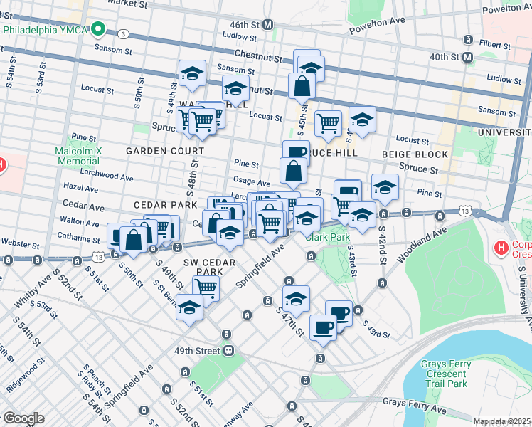 map of restaurants, bars, coffee shops, grocery stores, and more near 522 South Melville Street in Philadelphia