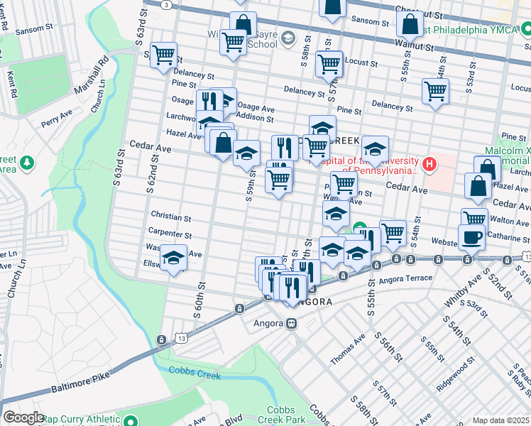 map of restaurants, bars, coffee shops, grocery stores, and more near 5828 Webster Street in Philadelphia