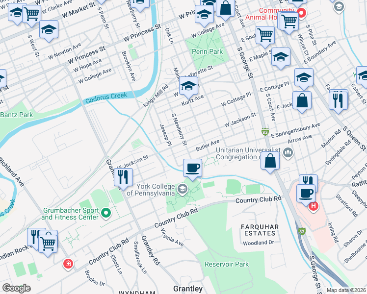 map of restaurants, bars, coffee shops, grocery stores, and more near 828 South Newberry Street in York