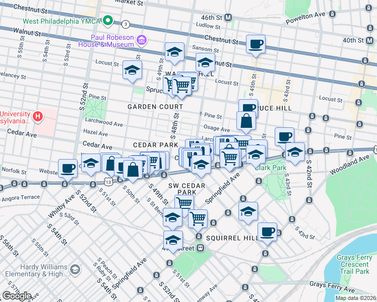 map of restaurants, bars, coffee shops, grocery stores, and more near 4711 Cedar Avenue in Philadelphia