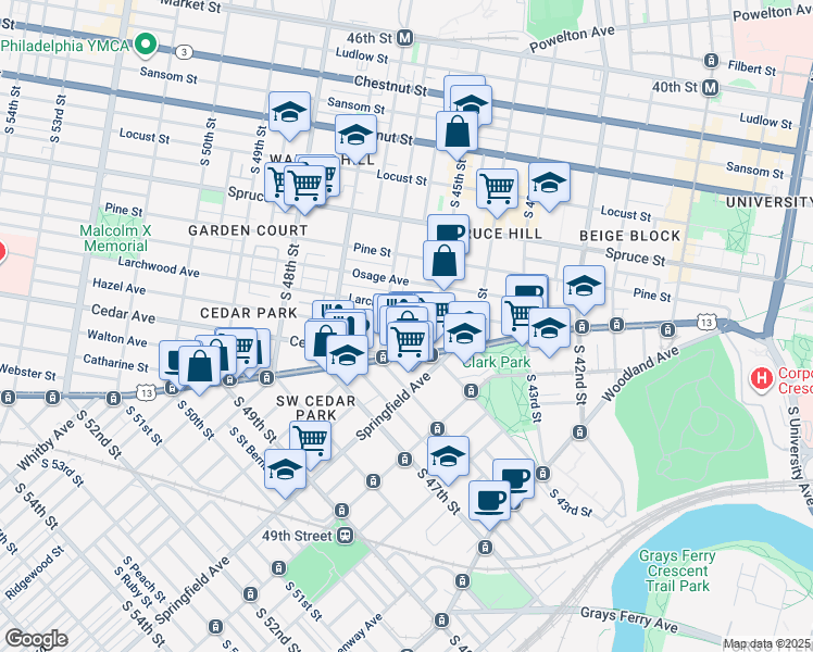 map of restaurants, bars, coffee shops, grocery stores, and more near 522 South Melville Street in Philadelphia