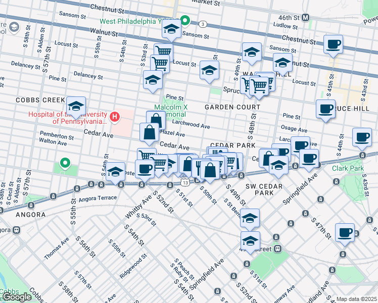map of restaurants, bars, coffee shops, grocery stores, and more near 5024 Cedar Avenue in Philadelphia