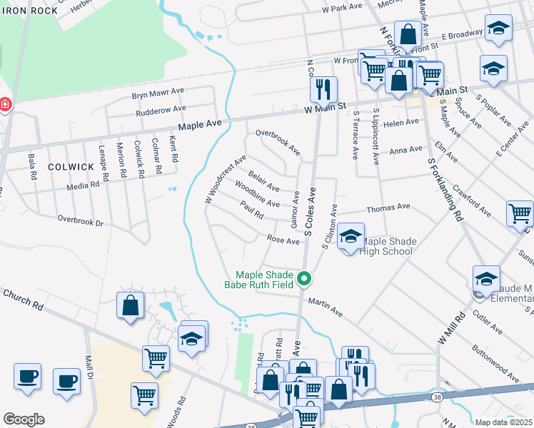 map of restaurants, bars, coffee shops, grocery stores, and more near 42 Paul Road in Maple Shade