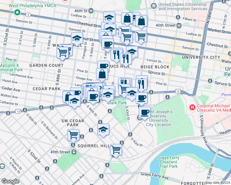 map of restaurants, bars, coffee shops, grocery stores, and more near 4332 Larchwood Avenue in Philadelphia