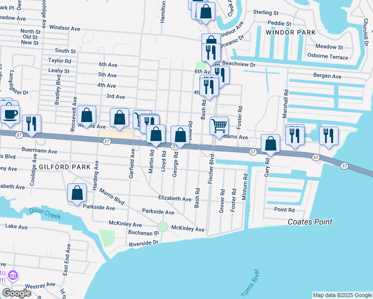 map of restaurants, bars, coffee shops, grocery stores, and more near 3 George Road in Toms River