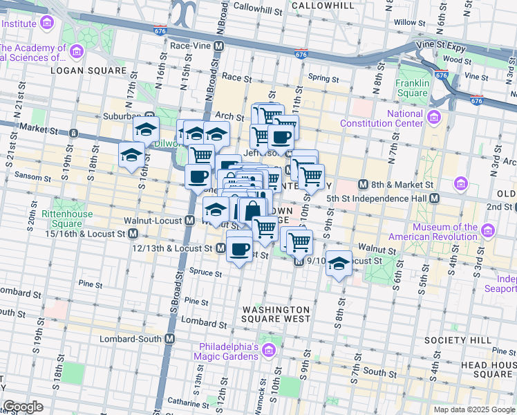 map of restaurants, bars, coffee shops, grocery stores, and more near 1214 Walnut Street in Philadelphia
