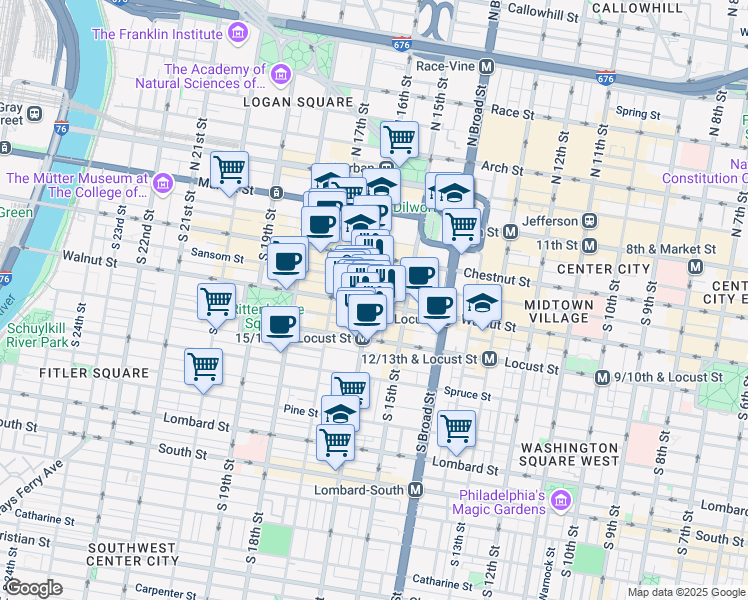 map of restaurants, bars, coffee shops, grocery stores, and more near 1600 Walnut Street in Philadelphia