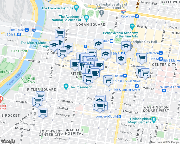 map of restaurants, bars, coffee shops, grocery stores, and more near 229 Chancellor Street in Philadelphia