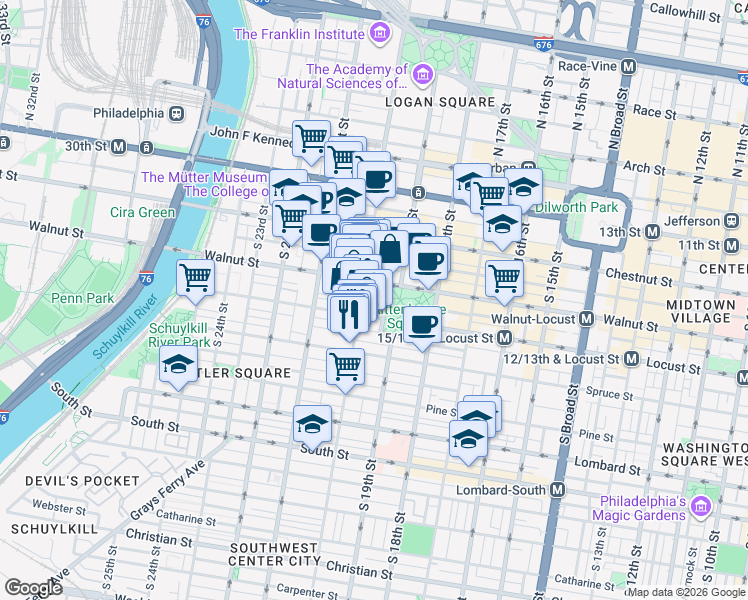 map of restaurants, bars, coffee shops, grocery stores, and more near in Philadelphia