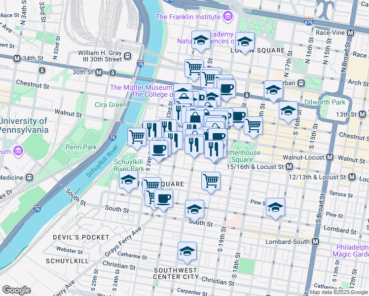 map of restaurants, bars, coffee shops, grocery stores, and more near 2122 Locust Street in Philadelphia