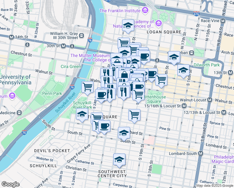 map of restaurants, bars, coffee shops, grocery stores, and more near 2122 Locust Street in Philadelphia