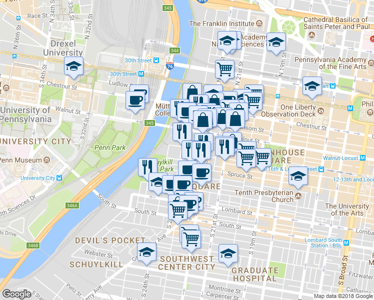 map of restaurants, bars, coffee shops, grocery stores, and more near in Philadelphia