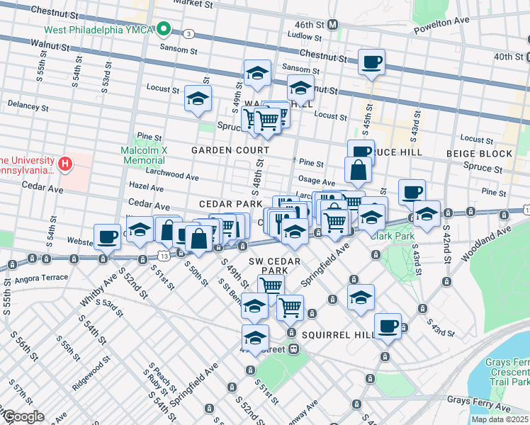 map of restaurants, bars, coffee shops, grocery stores, and more near 4711 Cedar Avenue in Philadelphia
