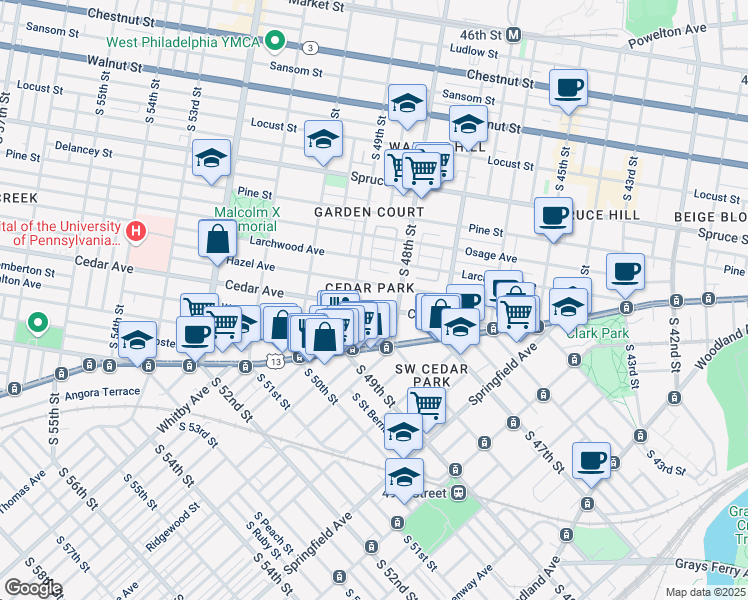 map of restaurants, bars, coffee shops, grocery stores, and more near 4836 Cedar Avenue in Philadelphia