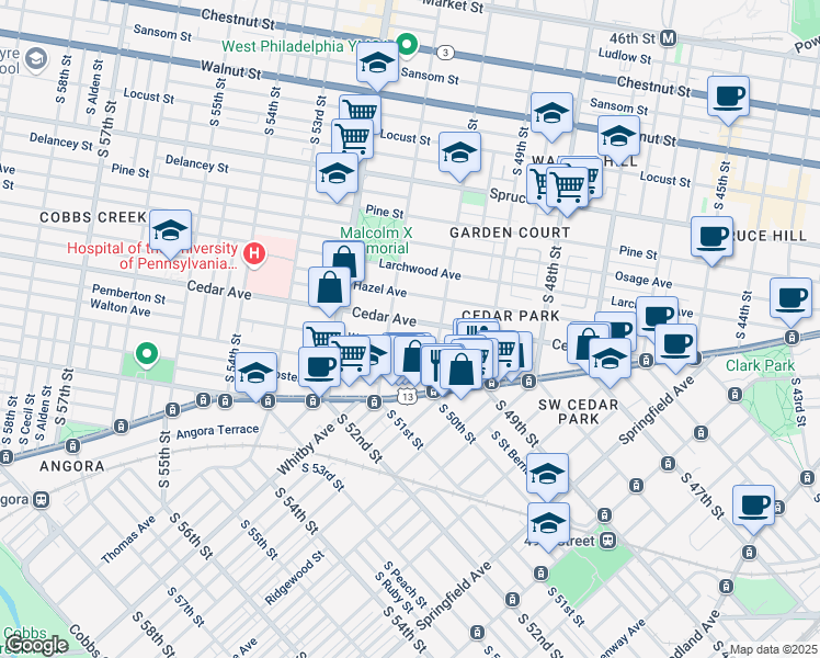map of restaurants, bars, coffee shops, grocery stores, and more near 5011 Walton Avenue in Philadelphia