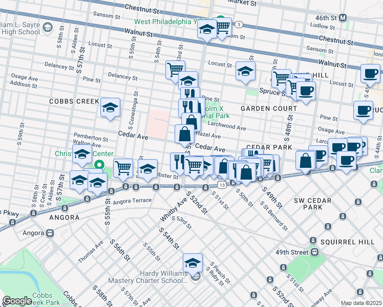 map of restaurants, bars, coffee shops, grocery stores, and more near 5134 Walton Avenue in Philadelphia